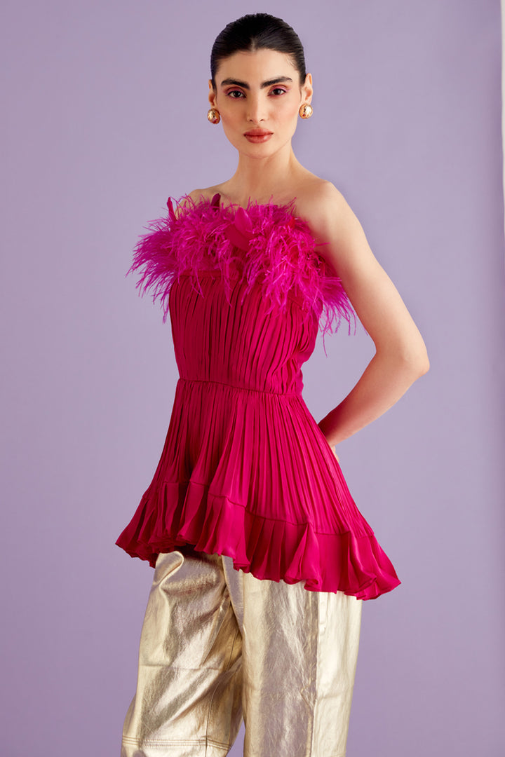 Hot Pink Pleated Feather Top
