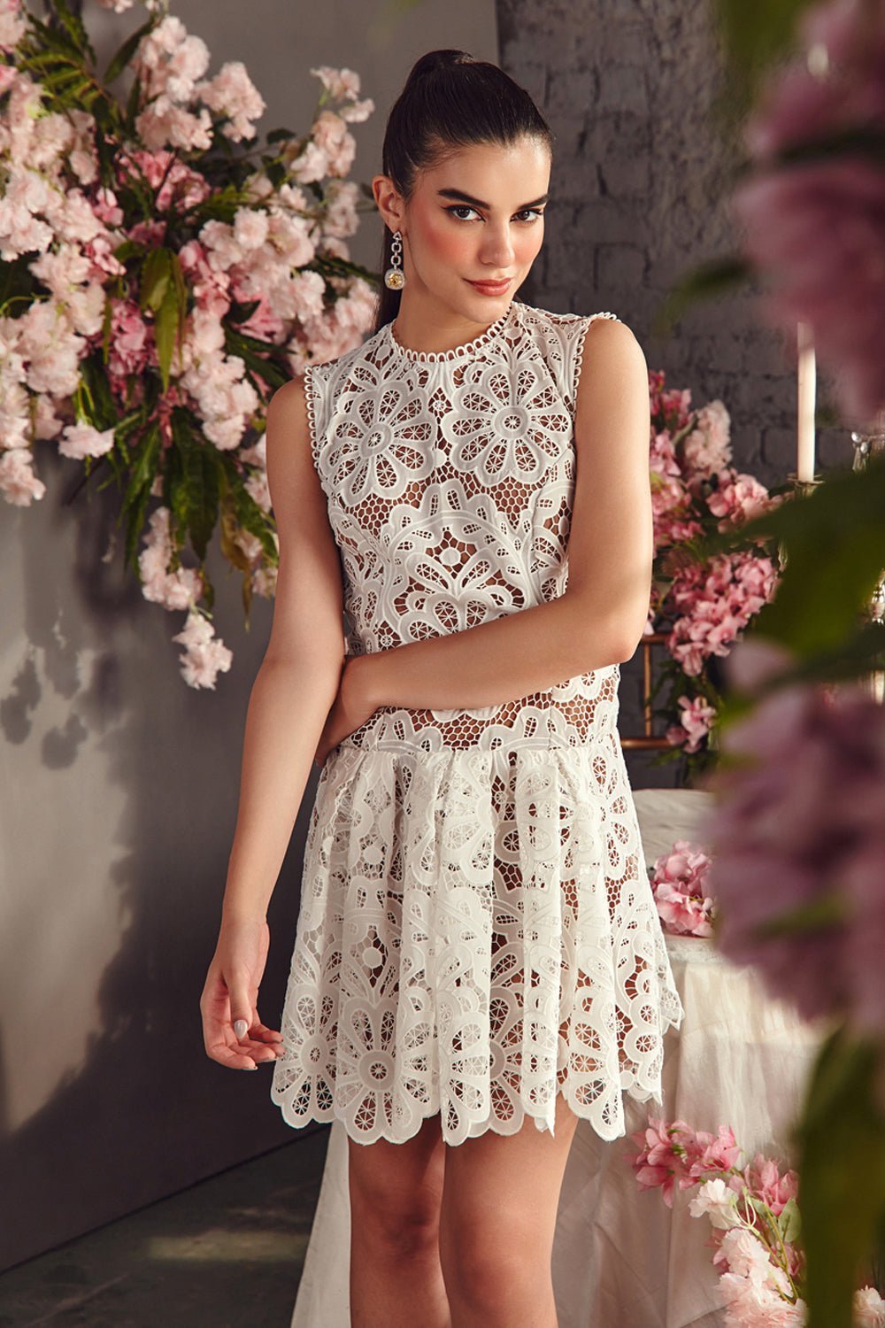 Aahana S Kumra In Our White Lace Structured Mini Dress - Zabella