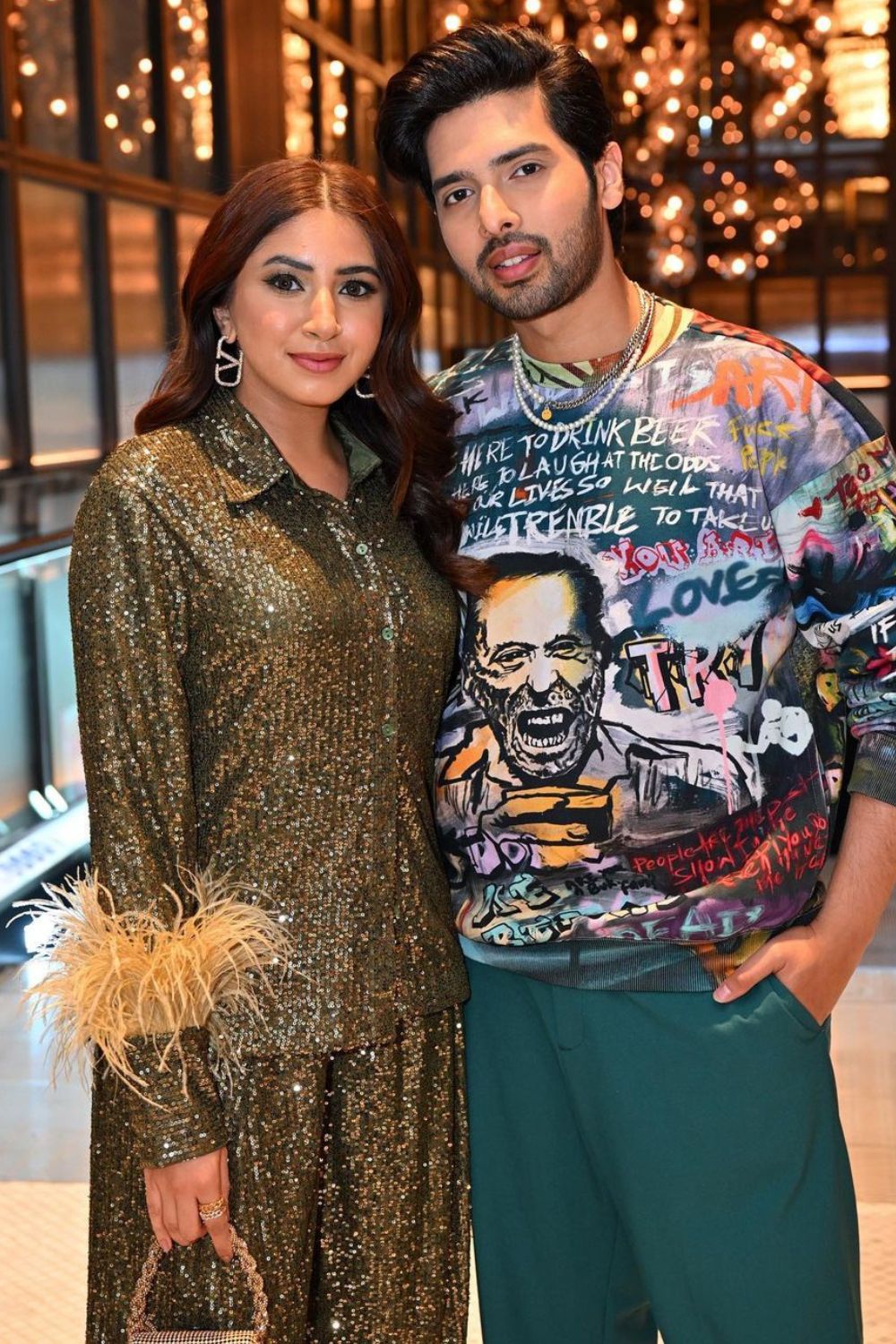 Aashna Shroff In Our Olive Sequin And Feather Shirt And Pants Set - Zabella