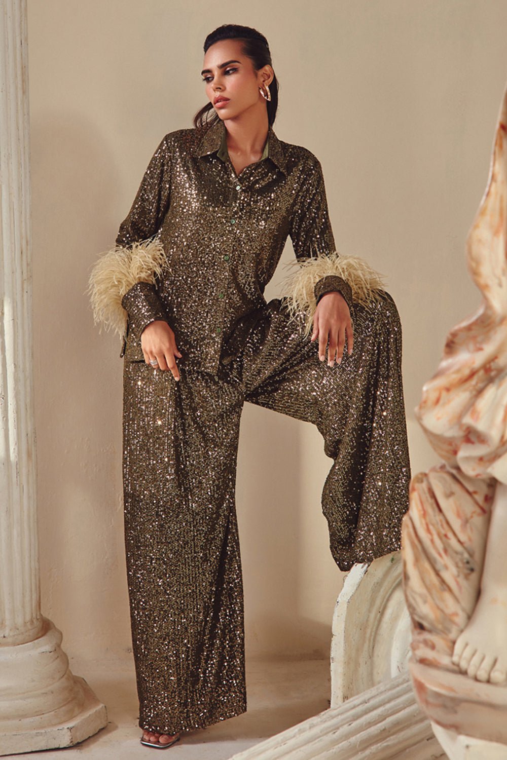 Aashna Shroff In Our Olive Sequin And Feather Shirt And Pants Set - Zabella