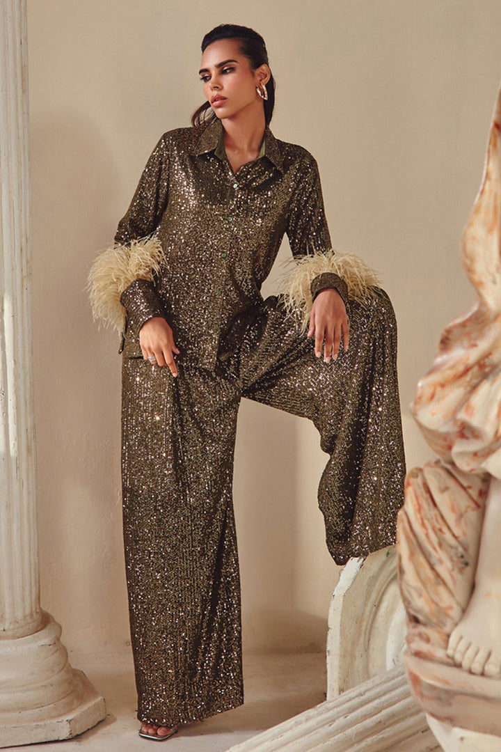Aashna Shroff In Our Olive Sequin And Feather Shirt And Pants Set - Zabella