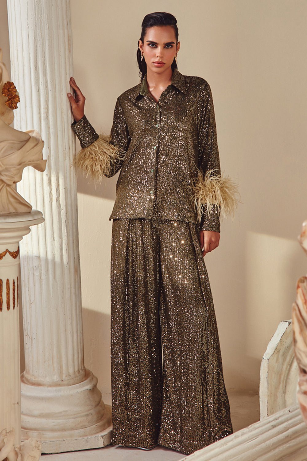 Aashna Shroff In Our Olive Sequin And Feather Shirt And Pants Set - Zabella