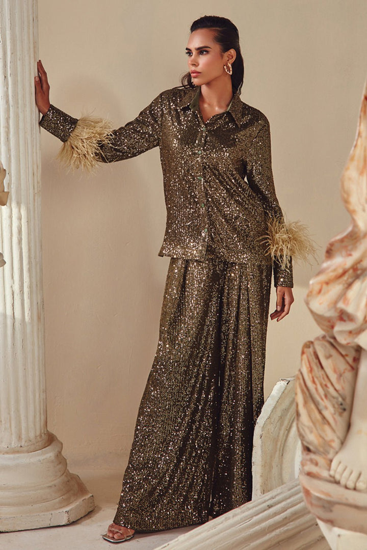 Aashna Shroff In Our Olive Sequin And Feather Shirt And Pants Set - Zabella