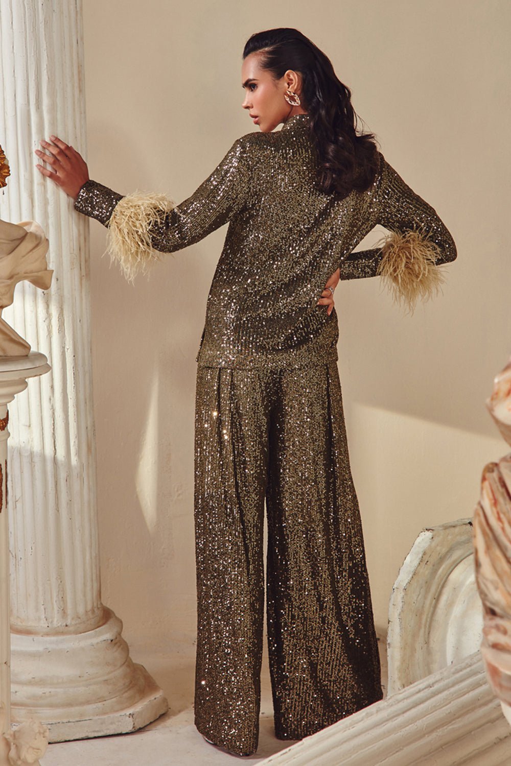 Aashna Shroff In Our Olive Sequin And Feather Shirt And Pants Set - Zabella