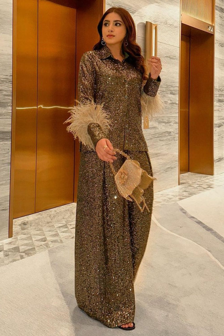 Aashna Shroff In Our Olive Sequin And Feather Shirt And Pants Set - Zabella