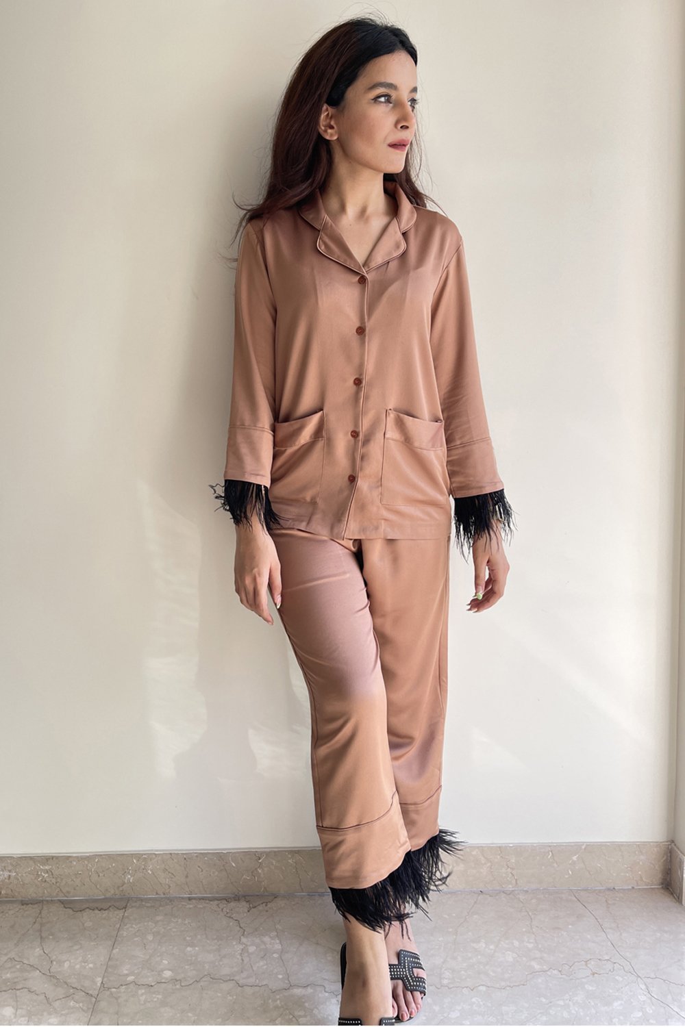 Almond Feather Trimmed Lounge Set - Shopzabella