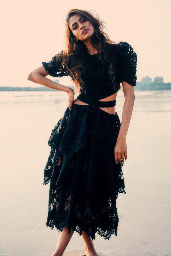 Apeksha Porwal In Our Black Textured Cut Out Midi Dress - Zabella