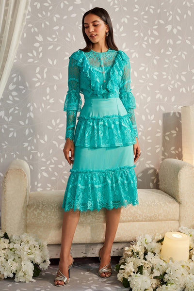 Aqua Blue Pleated Lace Midi Dress - Zabella