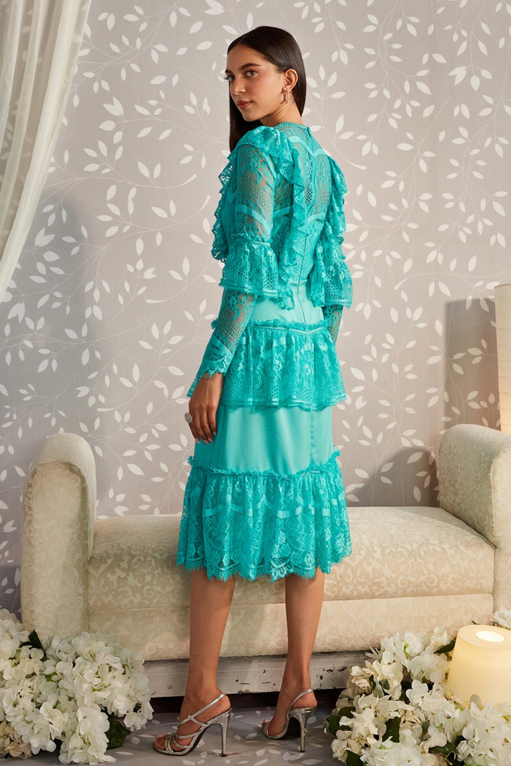 Aqua Blue Pleated Lace Midi Dress – Zabella