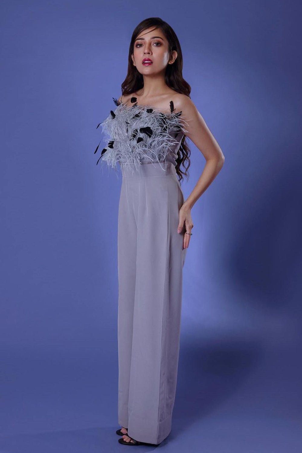 Barkha Singh In Our Grey Feather Jumpsuit - Zabella