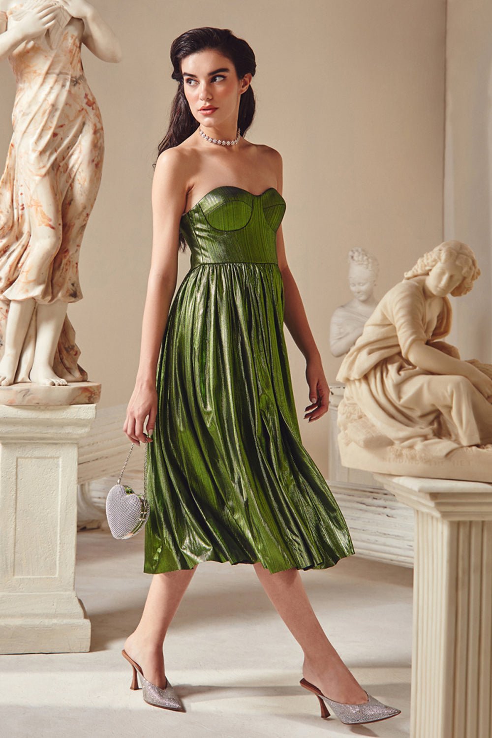 Barkha Singh In Our Metallic Green Corset Midi Dress - Zabella