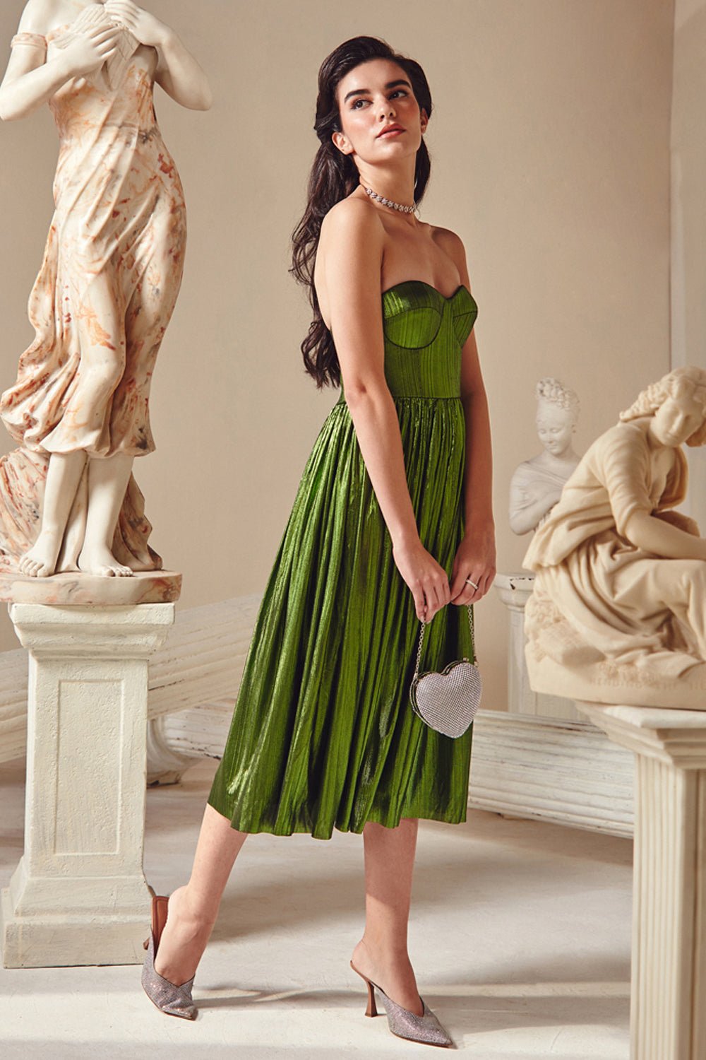 Barkha Singh In Our Metallic Green Corset Midi Dress - Zabella