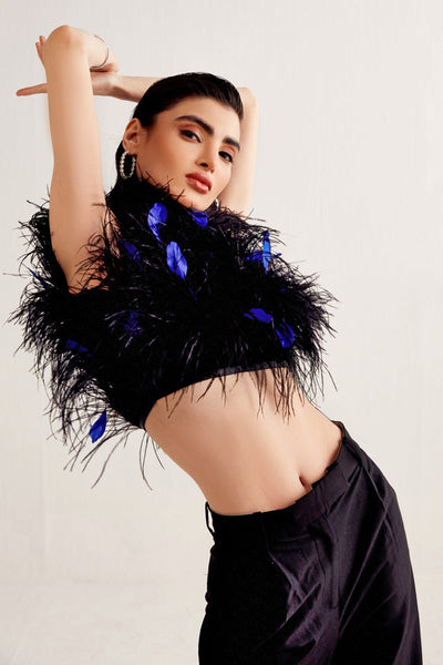 Black And Indigo Feather Top - Zabella