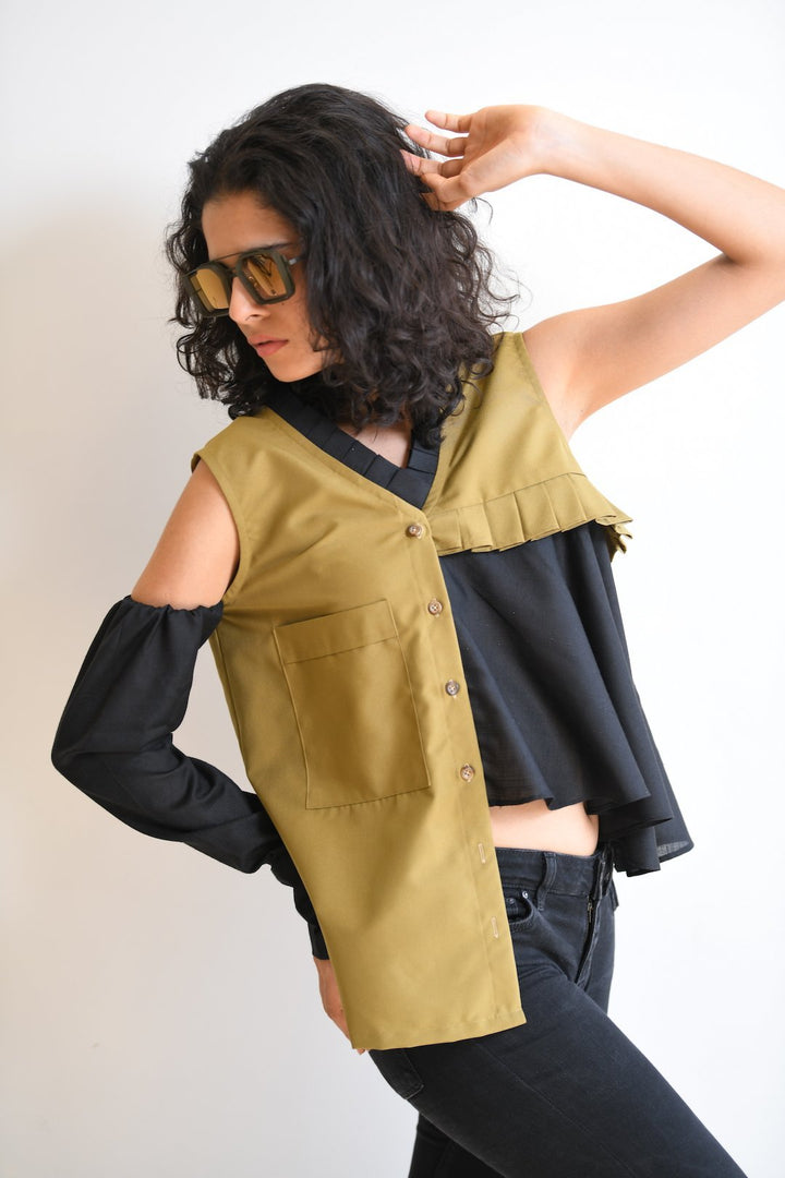 Black & Beige One Sleeve Shirt - Shopzabella