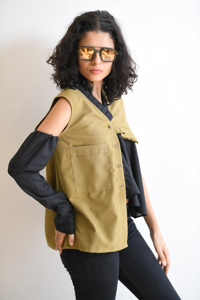 Black & Beige One Sleeve Shirt - Shopzabella