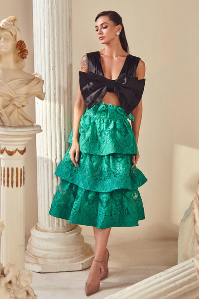 Black Bow Crop Top & Green Textured Layered Skirt Set - Zabella