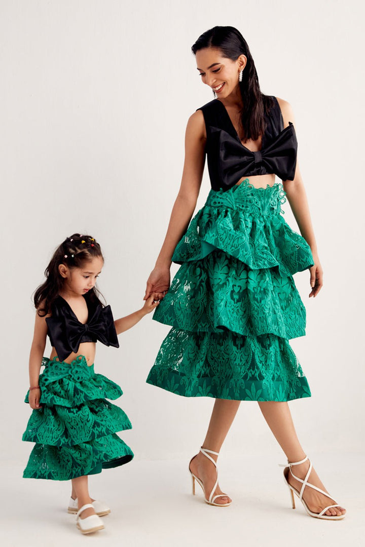 Black Bow Crop Top & Skirt Set - Zabella