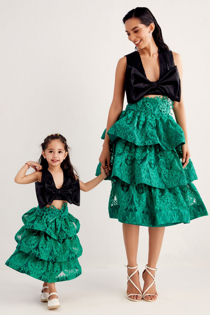 Black Bow Crop Top & Skirt Set - Zabella