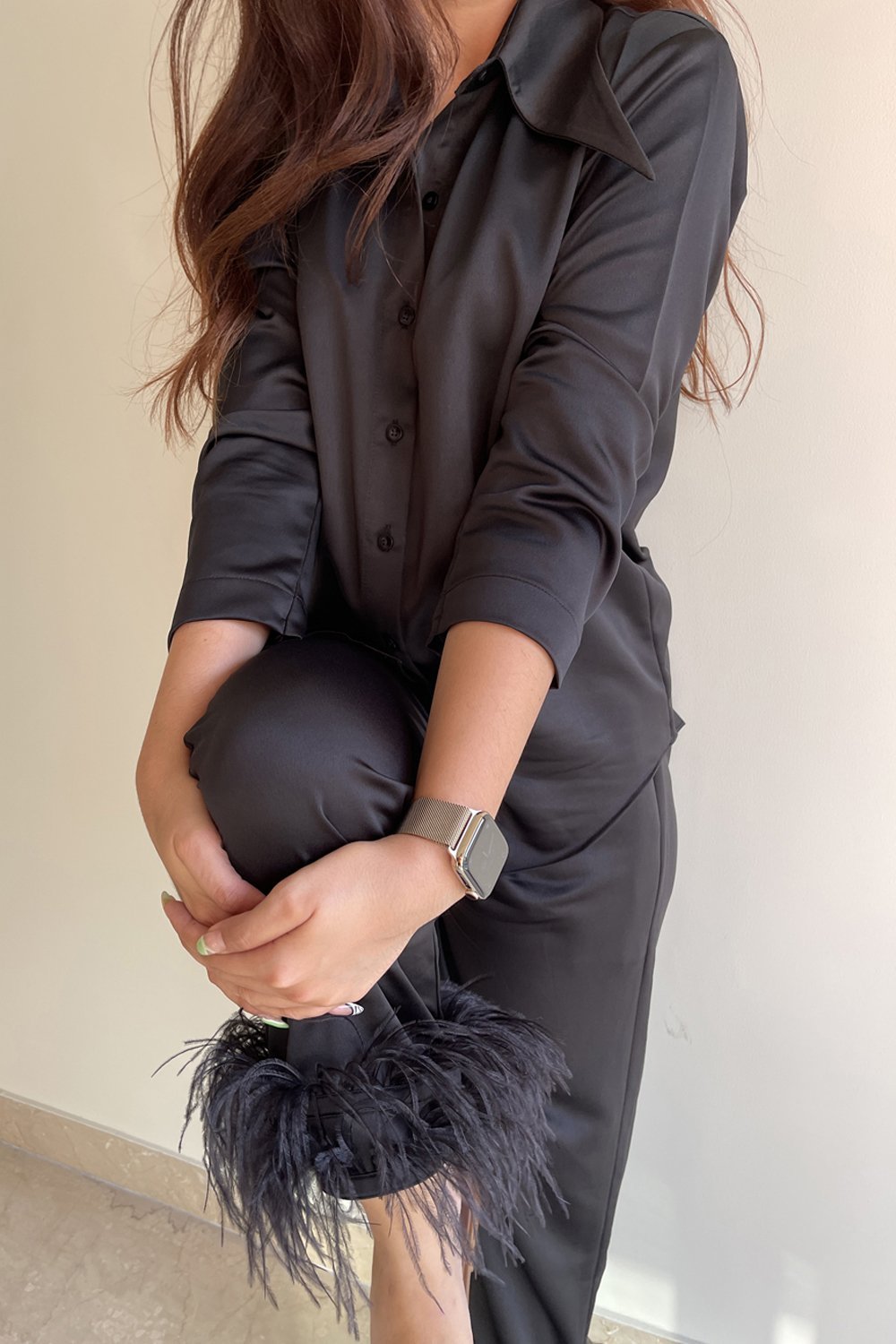 Black Feather Trimmed Lounge Set - Shopzabella