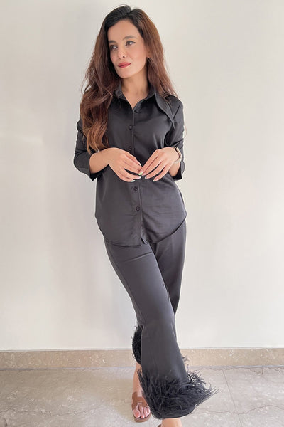 Black Feather Trimmed Lounge Set - Shopzabella