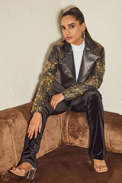 Black Hand Embroidered Leather Jacket - Zabella