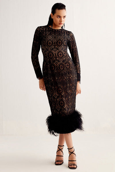 Black Lace & Feather Midi Dress - Zabella