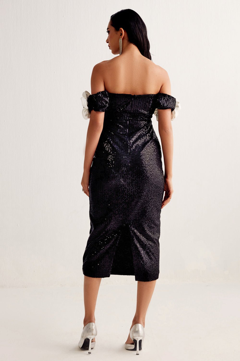 Black Sequin Blossom Midi Dress - Zabella