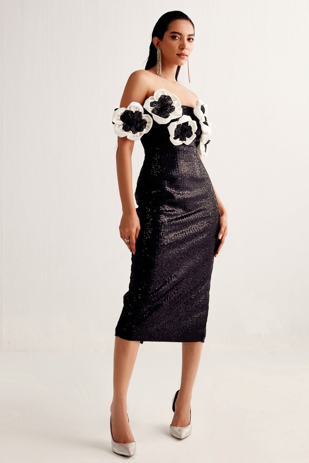 Black Sequin Blossom Midi Dress - Zabella