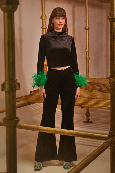 Black Velvet Fit & Flared Pants - Zabella