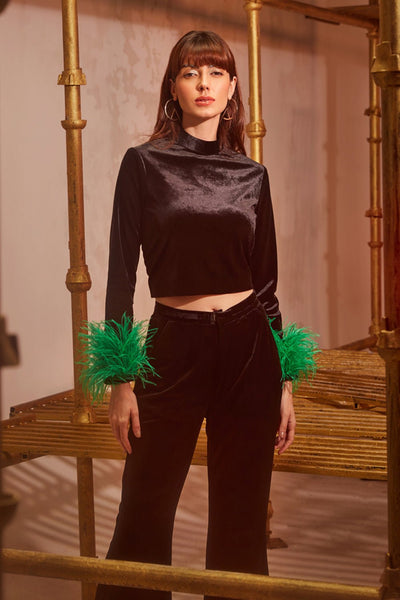 Black Velvet Top With Feathers - Zabella