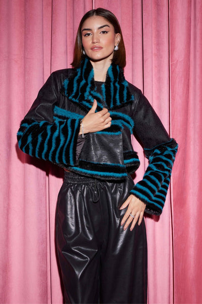 Blue and Black Leather Cropped Jacket - Zabella