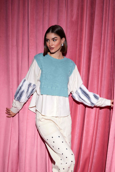 Blue Knitted Sweater Shirt With Fur - Zabella