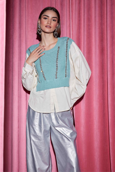 Blue Knitted Sweater Shirt With Rhinestones - Zabella