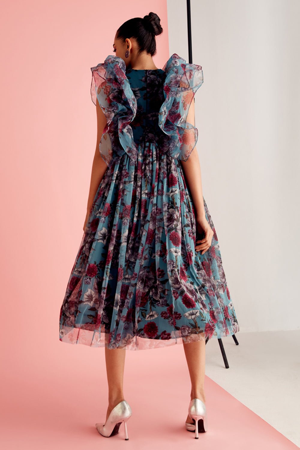 Botanic Ruffled Tulle Midi Dress - Zabella