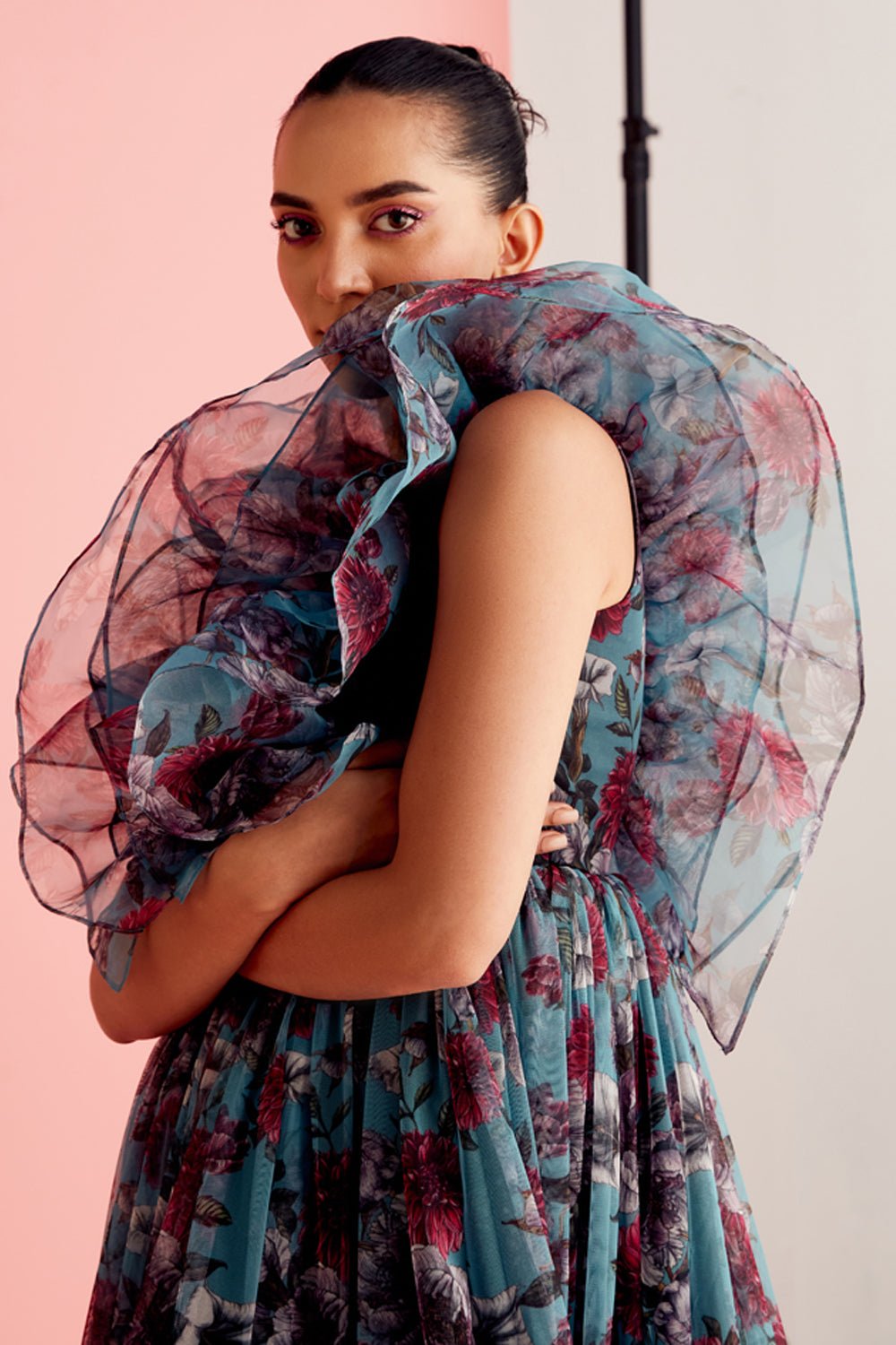 Botanic Ruffled Tulle Midi Dress - Zabella