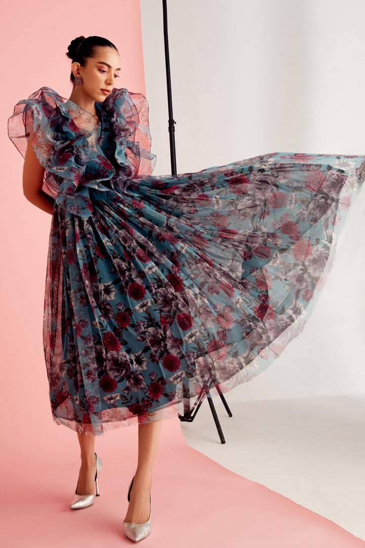 Botanic Ruffled Tulle Midi Dress - Zabella