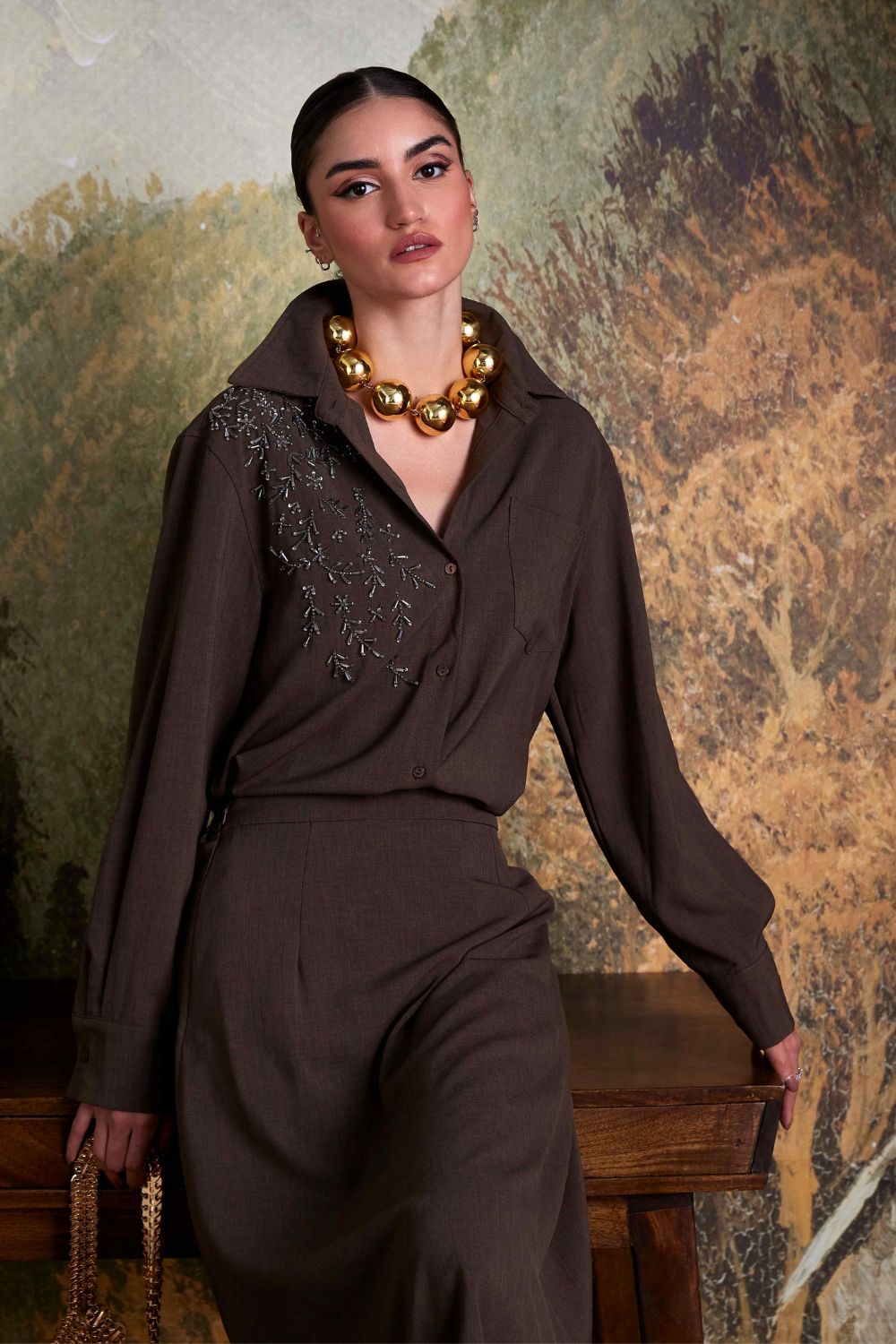 Brown Hand Embellished Co-ord Set - Zabella