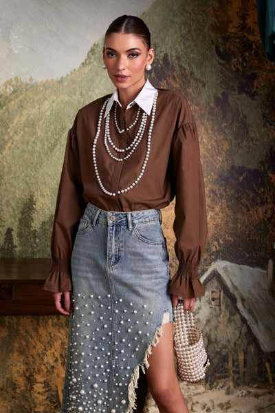 Brown Pearl Beaded Shirt - Zabella