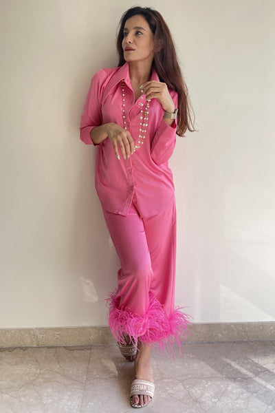 Bubblegum Pink Feather Trimmed Lounge Set - Shopzabella