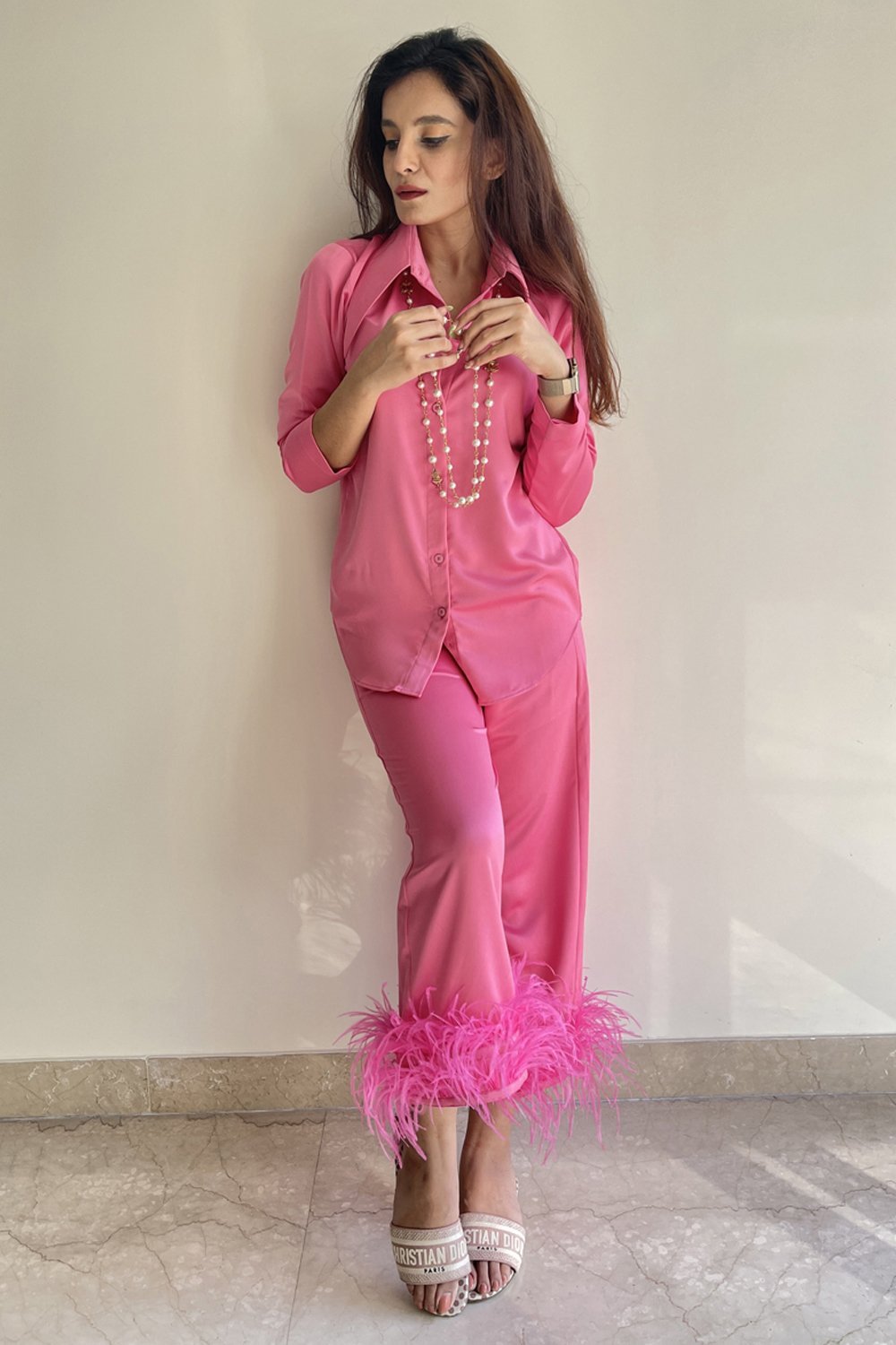 Bubblegum Pink Feather Trimmed Lounge Set - Shopzabella