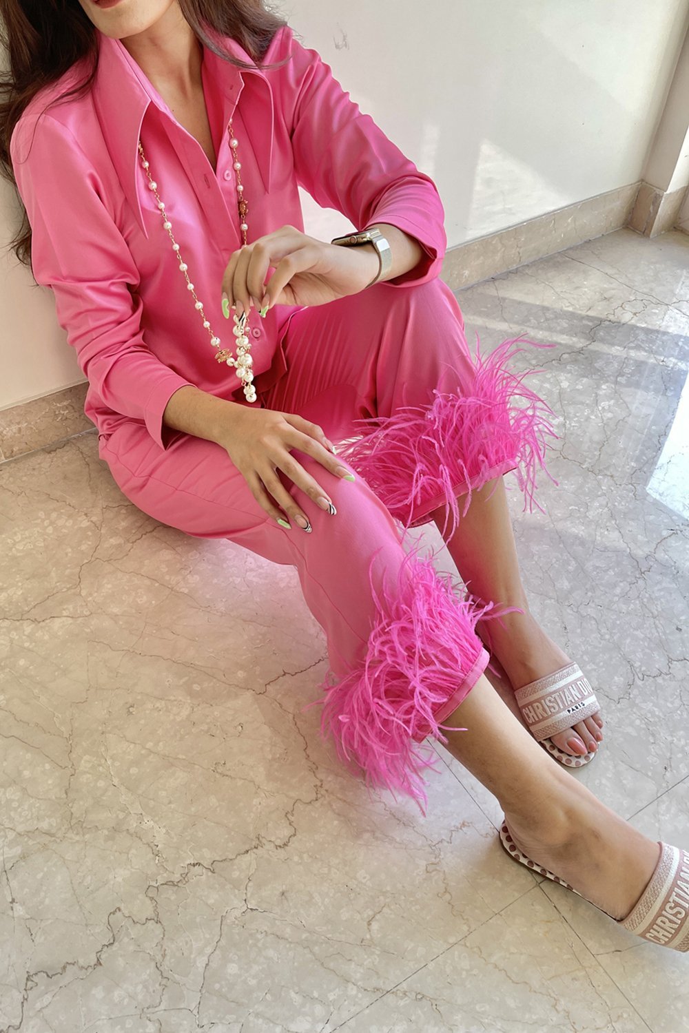 Bubblegum Pink Feather Trimmed Lounge Set - Shopzabella