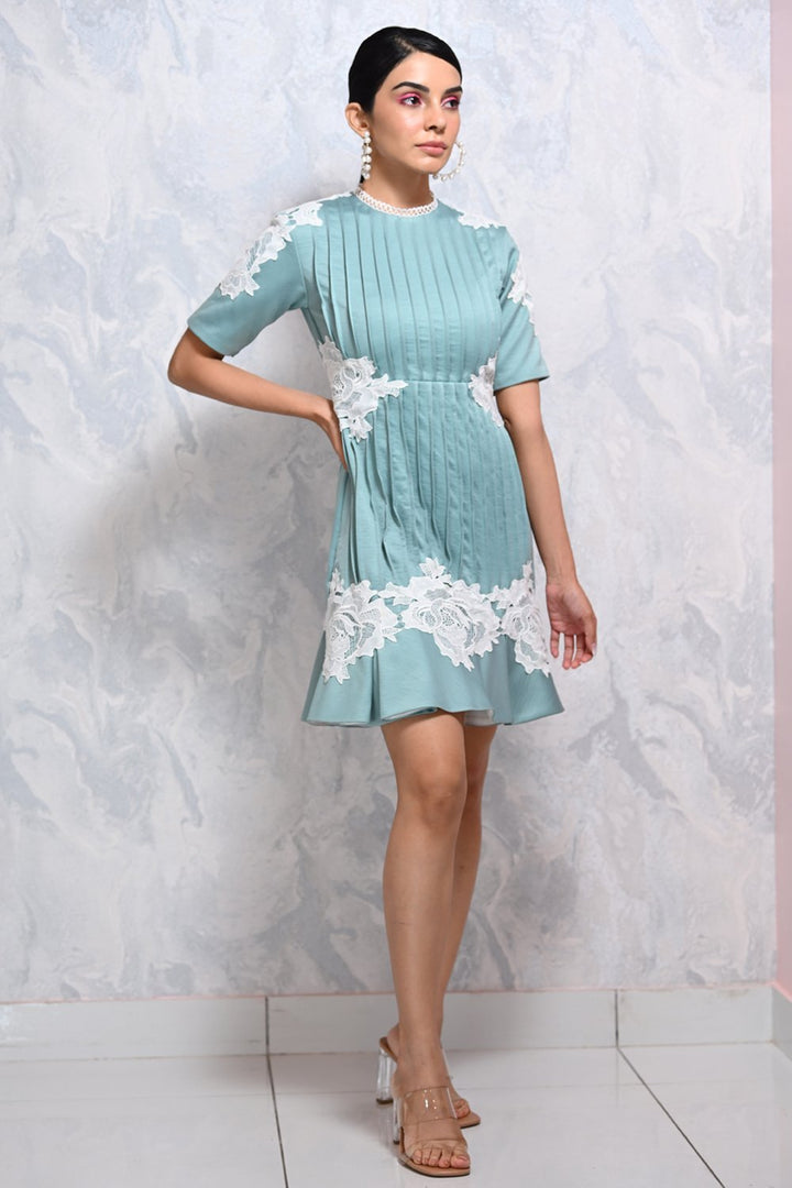 Cadet Blue Pleated Dress - Shopzabella
