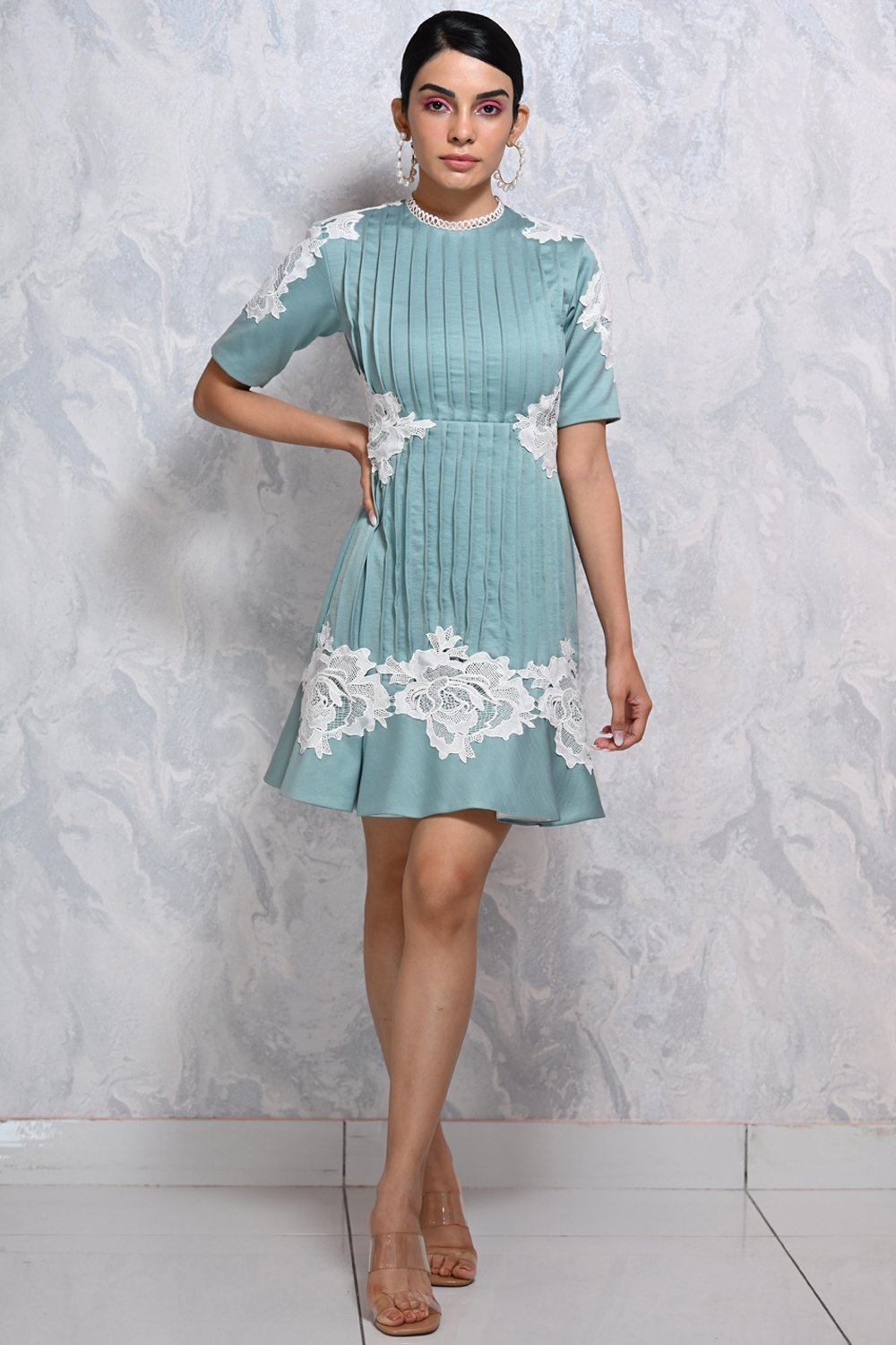 Cadet Blue Pleated Dress - Shopzabella