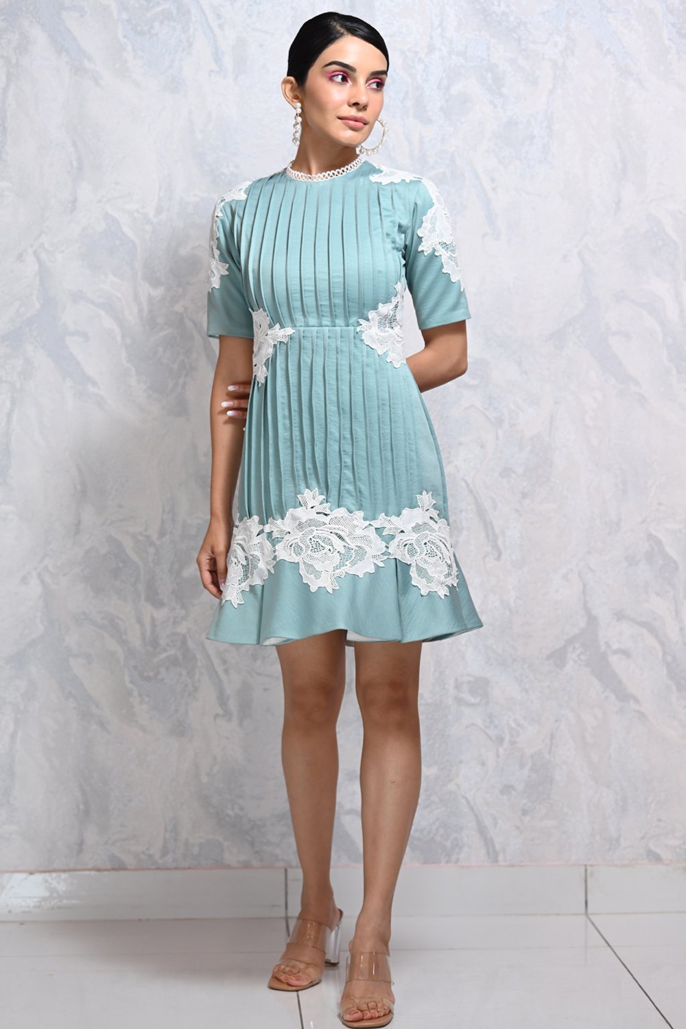 Cadet Blue Pleated Dress - Shopzabella