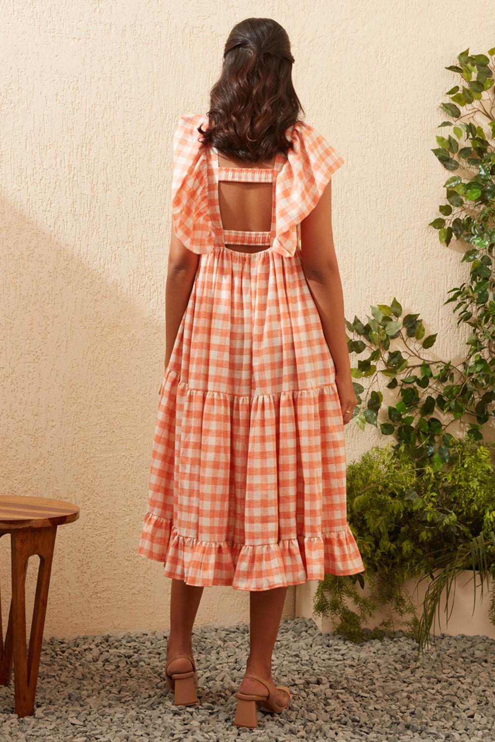 Coral Checkered High Low Maxi Dress - Zabella