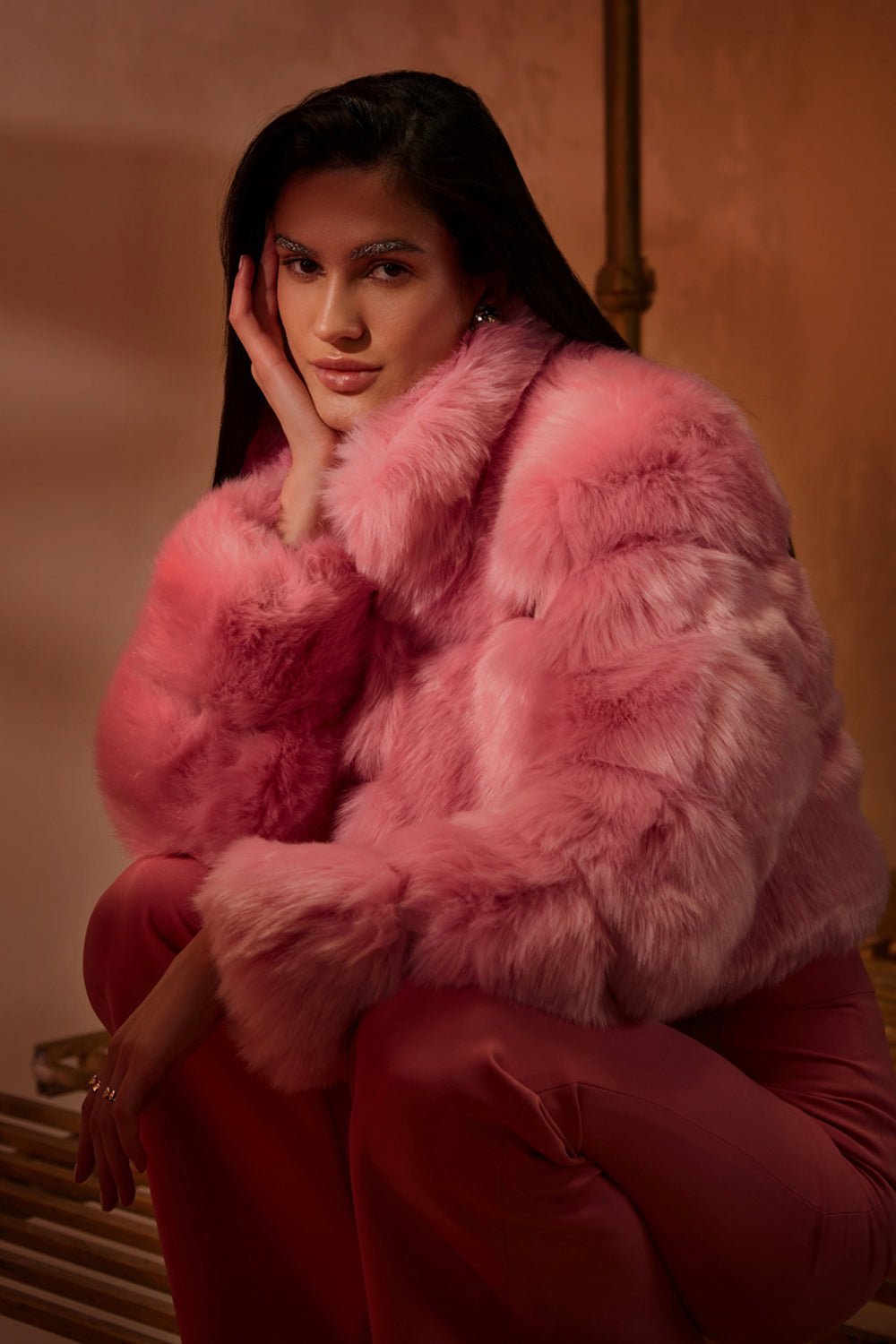 Deeksha Khurana In Our Pink Faux Fur Jacket - Zabella
