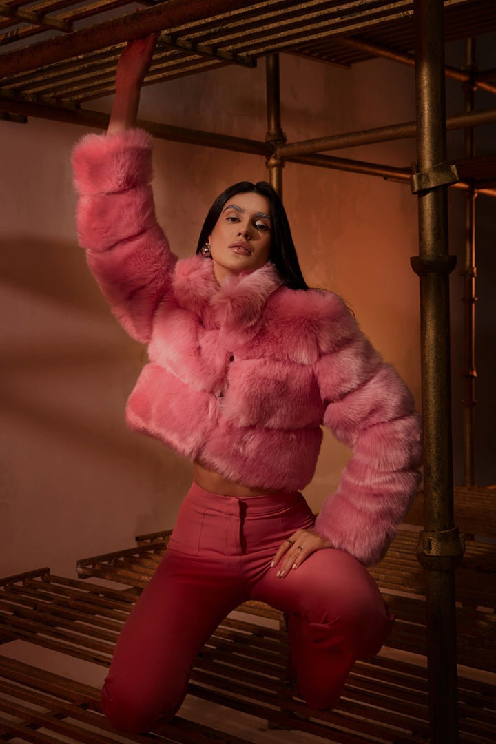 Deeksha Khurana In Our Pink Faux Fur Jacket - Zabella