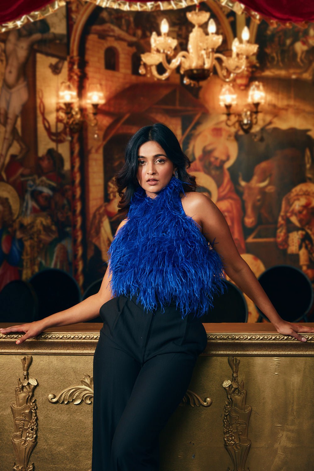 Electric Blue Halter Neck Feather Top - Zabella