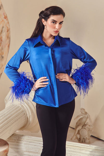 Electric Blue Satin And Feather Shirt - Zabella