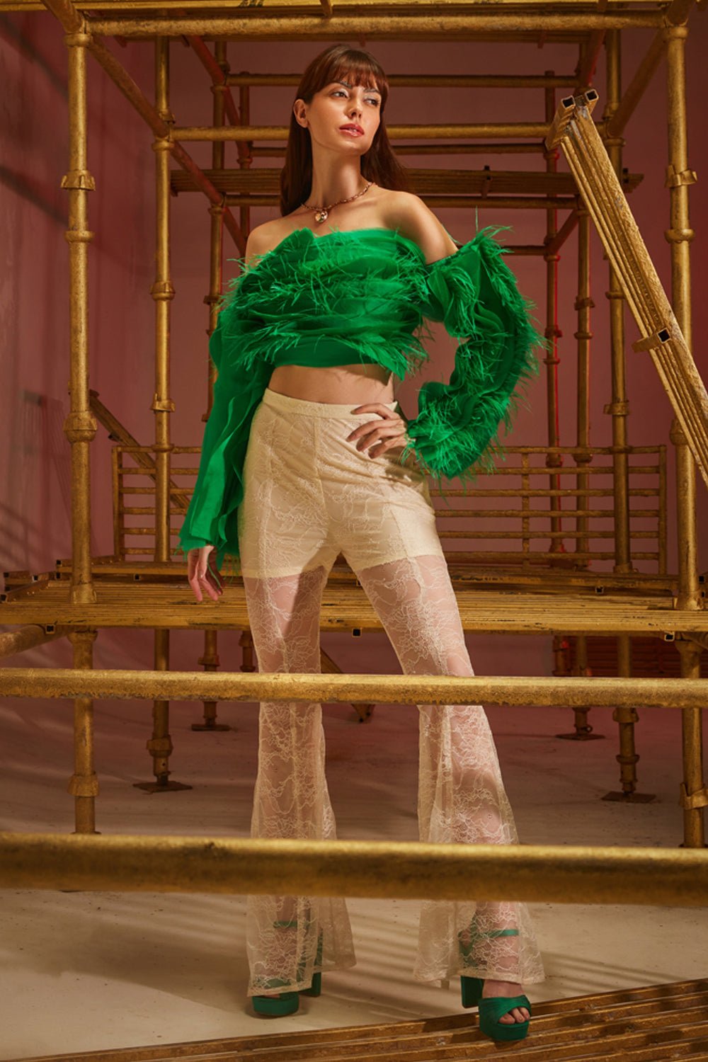 Electric Green Ruffle & Feather Top - Zabella